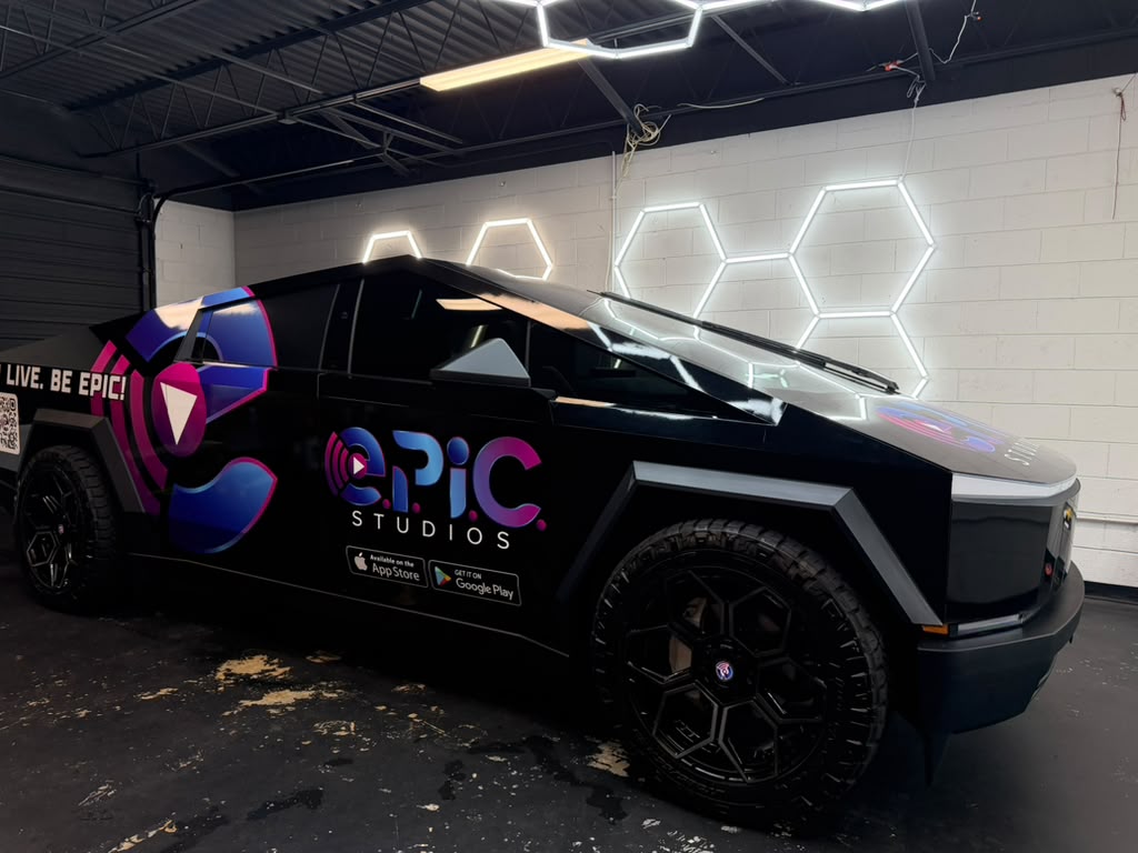 Wrapped Tesla Cybertruck with tinted windows at TINT WORXZ